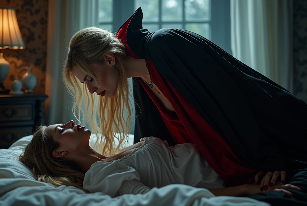 vampire teeth , ((((nighttime))) , 2girls,looking at each other in the eye, long hair , RAW photo, high quality, film grain,simple background, presenting, beautiful, (black and red lined satin cloak tied at the neck:1.20) , biting necks , breasts,big ass, clothes lift,bottomless, moonlit graveyard , (2girls,yuri),