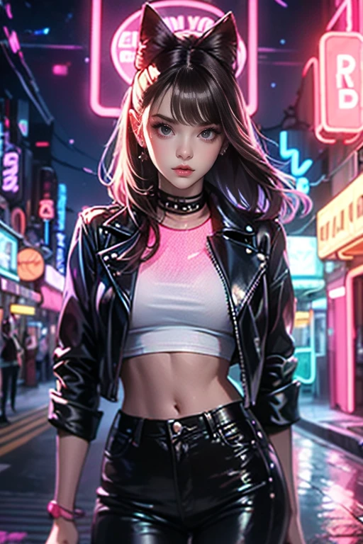 A night scene in a neon-lit city alley with a young woman standing confidently. She has short brown hair, wearing a black leather jacket, crop top, and jeans. Neon signs in blue, pink, and red light up the background, reflecting off her outfit, creating a cinematic, futuristic vibe.