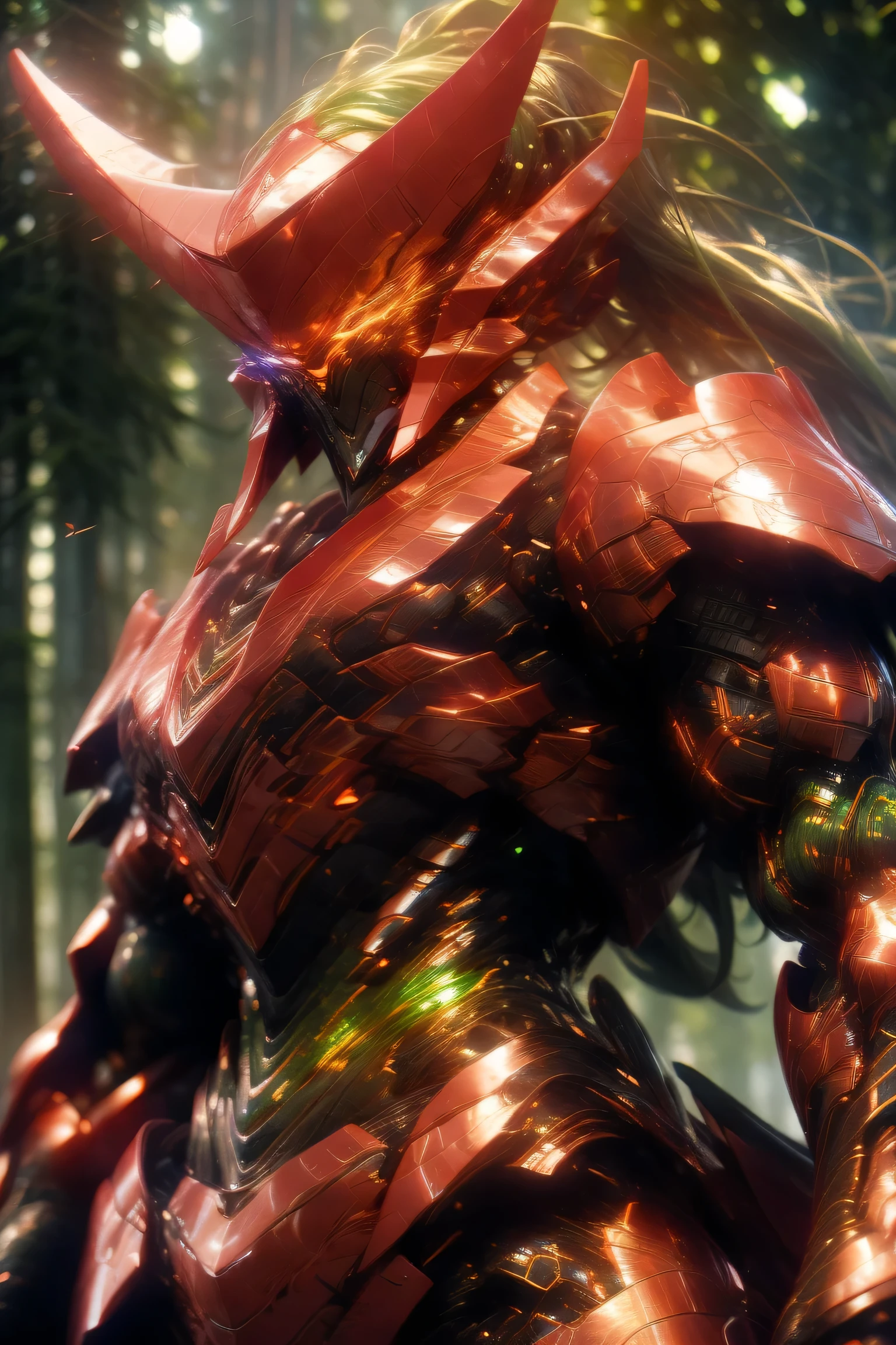 ((Mechanical Man)), (Robotic presence, cybernetic guardian ), ((Green body: 2.0)), Alone, cyber punk, mecha, (Unreal Engine 5, High image quality, best quality, high resolution on down, Super detailed, extremely delicate , professional, Anatomically Accurate, creativity, RAW Photos, 超 high resolution on down, 32K, Natural Light, Movie Lighting, masterpiece-anatomy-perfect, masterpiece:1.5), Leaves are dancing in strong winds , cloak is fluttering in the wind, ((noon, sun, Flock of birds)), ((Wind Turbulent Long Hair )), face covering mask, (( metallic : 2.0)), (( clearly outlined image in focus, high definition, The main line is clear, The focused )), ((Red glowing eyes: 2.0)), ((view from bottom)), ROBOTANIMESTYLE, (( Holding a gun in his hand ))