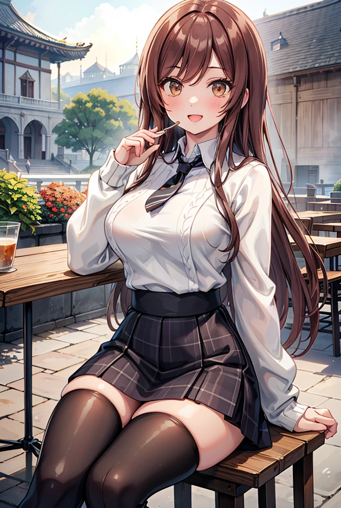  1 girl, solo,  high resolution on down, Long Hair, (( big breasts at the temple)), smile, Teenage girl, Dark brown hair,  Brown Eyes ,  high resolution on down, masterpiece, accurate,  anatomically correct,  won numerous awards, 最 high quality,  details, 高い details,  high definition model,  high quality,  RETINA,  very detailed,  Textured Skin,  Ultra High Definition, ( white knit sweater ),  heart balloon, Highlight the whole body, Stylish cafe,  beautiful eyes,  black mini skirt, Open your mouth, Terrace seats, Tie up your hair,  black long boots , Countryside Background, autumn,  sits on a chair,  plaid mini skirt,  cafe terrace , Holding a soft serve ice cream, , , ,