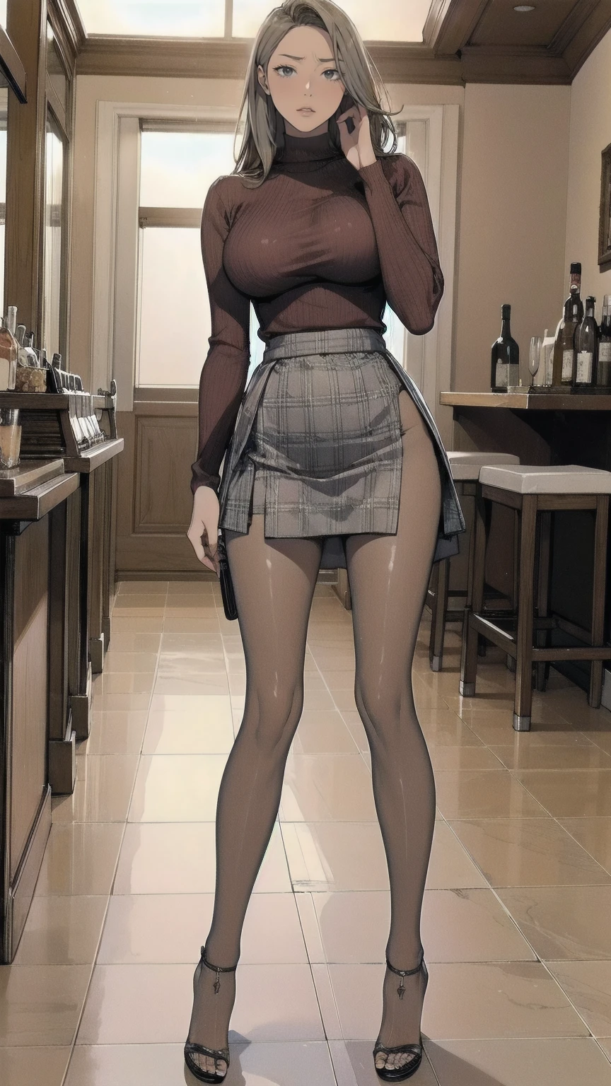 masterpiece, Best Quality,  high resolution on down,  big breasts at the temple,  thin waist in an unmanned bar, Long legs, Thin legs,  knitted sweater,  plaid skirt, transparent pantyhose, Sandals,  high heels