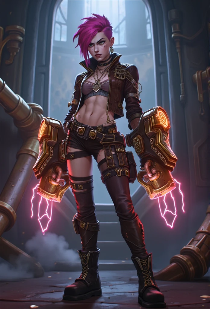 ((masterpiece)) ((photography)) ((Highest quality)) A dynamic, ultra-realistic character portrait of Vi from *Arcane* (*League of Legends*), set against a gritty, industrial background with glowing, steam-filled pipes and metallic gears, capturing the dark, edgy ambiance of Zaun. Vi has a powerful stance, her muscular arms equipped with her iconic oversized hextech gauntlets, sparking slightly with energy. She wears her signature punk-inspired outfit: a leather jacket with metal studs, heavy boots, and bandages on her knuckles, showing a fierce, determined expression on her scarred face. Her pink hair is styled in a messy undercut, adding a rebellious touch. The atmosphere is intense, with dim lighting casting dramatic shadows, capturing her tough, no-nonsense attitude in a steampunk-inspired world.