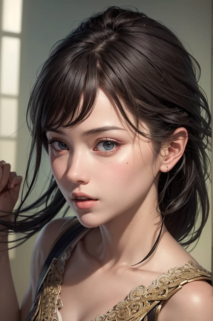 ((ultra realistic:1.3)), (best quality:1.3), (illustration), (hyper detailed), (high quality), perfect face, masterpiece,  intricate details, 1girl, mature female, small hands, small_head, realistic, photorealistic, #íë³µíë¤ face, #ì°ë¸ë color hair, Powder Blue color eyes, #í° ë¨¸ë¦¬, #ë¾°ì¡±í ë¨¸ë¦¬ hair, huge breasts, #ê±°ì¹ body, tan skin, looking away, #ì¤ë ë¨ì, head tilted to the side, vanishing point,