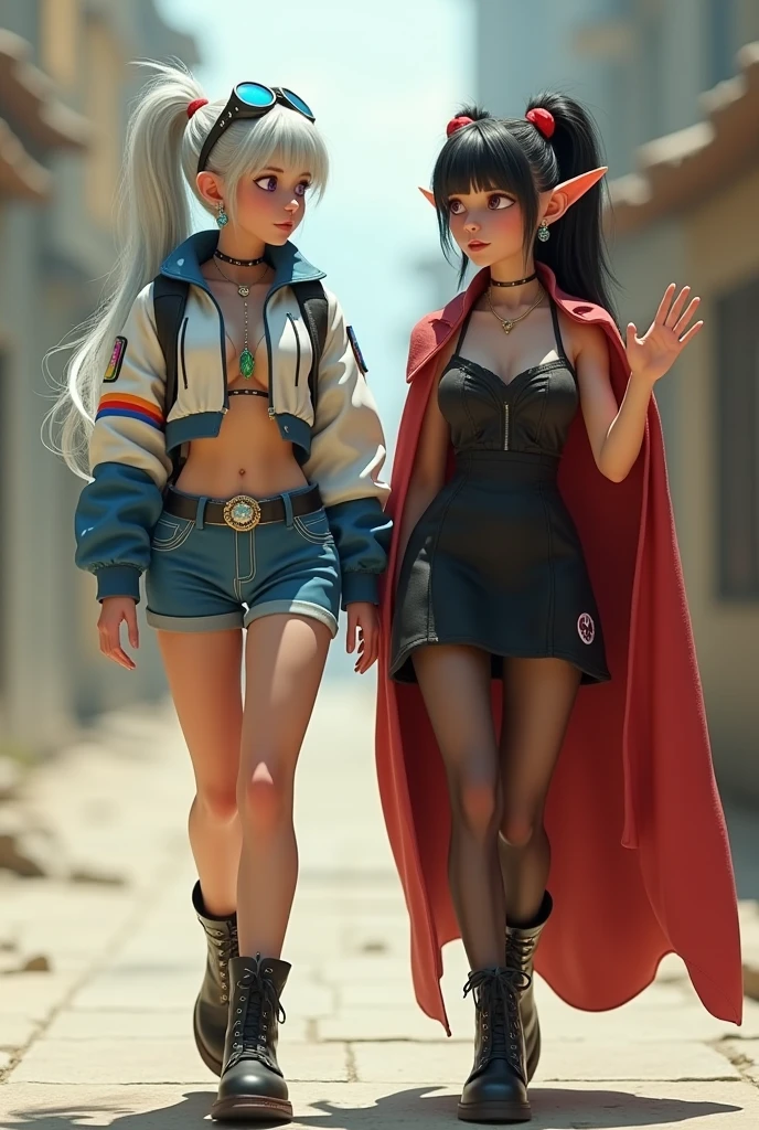 Super realistic illustration, Detailed Fantasy art, Cinema 4D rendering. 2 cute ladies, full body, They are waiking toward the camera, chatting with smile. (left lady is 172cm tall, purple eyes, ponytail silver hair, bangs, wearing white and blue long sleeve short flight jacket over white sleeveless collared crop top, rainbow tie, breasts, earrings, rainbow reflection goggles on head, midriff, low rise shorts, high cut shorts, groin groove, waist belt with shining blue stone buckle, thighs, translucent black pantyhose, lace-up military short boots). (right lady is shorter tall, talking while making hand gestures, black hair, short ponytail with red ribbons, red eyes, beautiful eyes, pointy ears, vampire fang, black sundress with red cloak, high leather boots). sharp focus