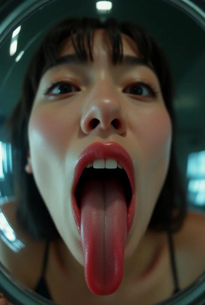 (masutepiece:1.2, Best Quality:1.2), 32K HDR, High resolution, Solo, 1girl in, (Ultra-realistic portrait of Sadako Yamamura, the ring_Japan horror movies), ((Black hair, Long hair:1.25, hair over eyes:1.25, Long bangs:1.25)), (White Dress:1.1, White skin, pale skin, Perfect slim body:1.1) (((Open legs, breasts, Tongue out, long tongue))), Detailed skin texture, Detailed face, (Dark atmosphere:1.3, Dark living room:1.3, in the abandoned house, in Japan),