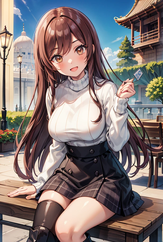  1 girl, solo,  high resolution on down, Long Hair, (( big breasts at the temple)), smile, ******* girl, Dark brown hair,  Brown Eyes ,  high resolution on down, masterpiece, accurate,  anatomically correct,  won numerous awards, 最 high quality,  details, 高い details,  high definition model,  high quality,  RETINA,  very detailed,  Textured Skin,  Ultra High Definition, ( white knit sweater ),  heart balloon, Highlight the whole body, Stylish cafe,  beautiful eyes,  black mini skirt, Open your mouth, Terrace seats, Tie up your hair,  black long boots , Countryside Background, autumn,  sits on a chair,  plaid mini skirt,  cafe terrace , holding a coffee cup, , , ,