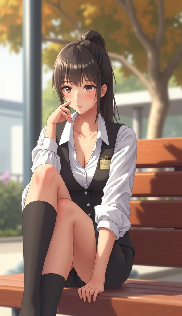 Highest,masterpiece,Highest品質,High resolution,high quality,Realistic,Medium Hair,Business Bags:1.2,Wet髪,Torn pantyhose,Pants Style,High heels, Collared shirt,Chest small breasts,Black jacket,business suit:1.5,sit,Kneel,Pinch your hands between your thighs,Wet,Sweat,orgasm,Fair skin,Oily skin,ID card,White chocolate:2.0,Embarrassed face:1.2,Several men in the background