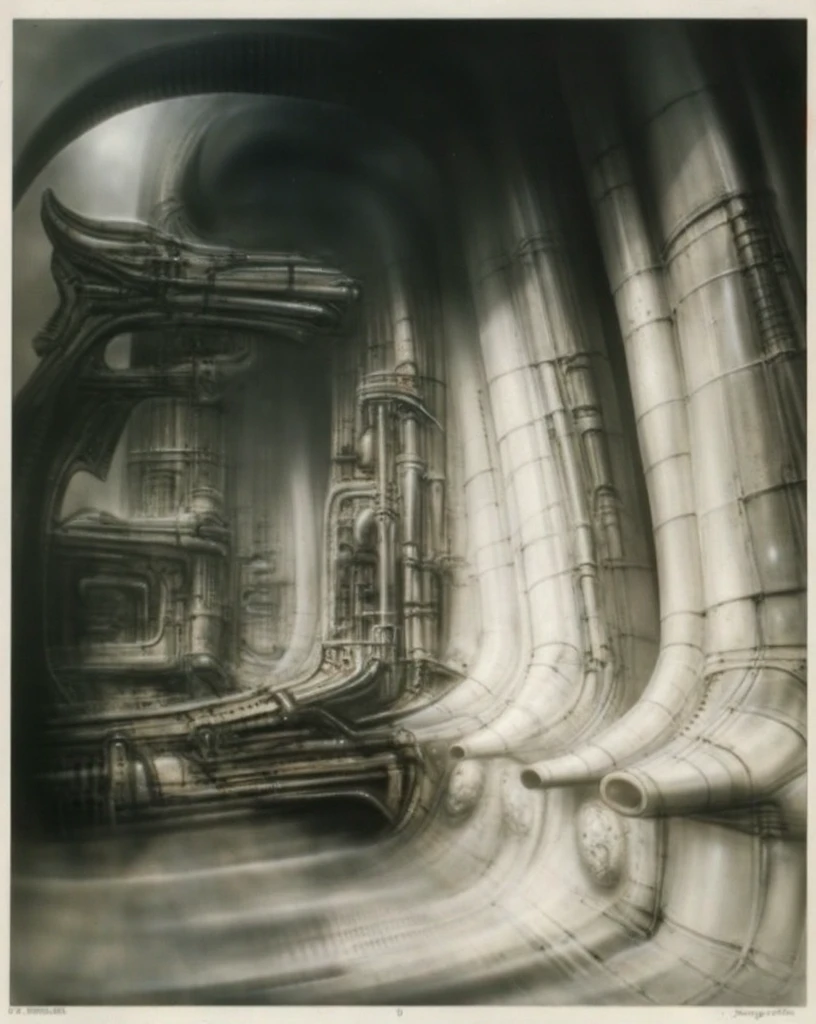 H. R. Giger's g1g3r, , Giger_style, The image is a detailed view of H.R. Giger's \" Alien  \" plate, featuring ( A painting of (biological style scenery), (neoplasticism:liminal void:0.1),a machine inside of a building, dieselpunk biological living, colossal,mechano-organic, infestations over beomesurreal biomechanical landscape, , robotics cross sections, ((perspective)), h r giger's city,giger_style, by (hariton pushwagner:h.r. giger:0.4), detailed innards,(((cleen colors palette,saturated, silver crimson and gold, intoxicatingly blue and understand grey))), (process art:deconstructivism), allegory of sin,infinitely detailed ultrafine and contrast organic textures,big painting,, medium: airbrush, biomech, aerial view yoji shinkawa, award winning on artforum, (( high contrast)), trend on quality of details,colorized: vibrant  colors, incredibly detailed and hyper-detailed, masterpiece, best quality:1.4) The artistic manner would be unmistakably Gigeresque. A dark and unsettling beauty would permeate the piece, blurring the lines between fascination and repulsion , forever haunted by the grotesque allure. Giger's signature artistic manner would be evident in every stroke. The artist has used careful linework to depict the contours and textures in the piece, (Triadic:1.1), (Proportion:1.1),  , (Reflected light:1.2), Parchment, ultra detailed, intricate,, dry b (best quality:1.4), H.R. GIGER,  BY GIGER