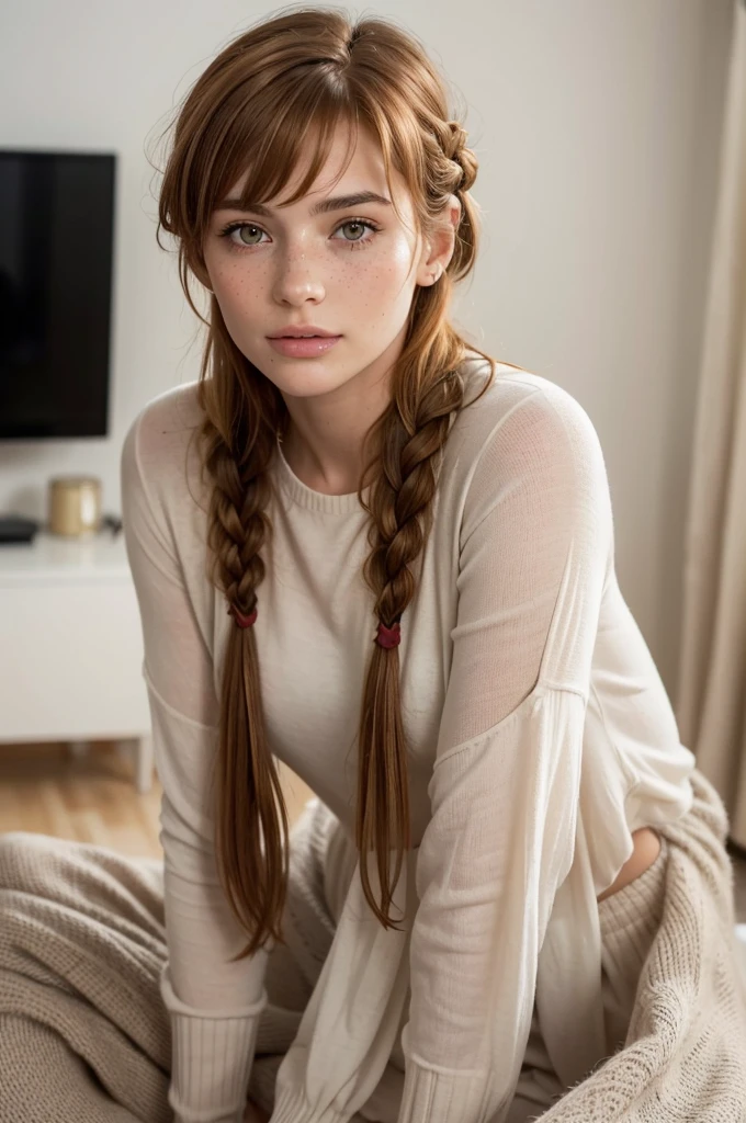 Beautiful 20 year old european  woman with light auburn hair, bangs, short hair, braided updo, freckles, dimples: 1.3, blushing, hazel eyes, relaxed, living room, sitting on the floor, pov, dim light, high quality, high detail, perfect features, perfect face, blonde highlights