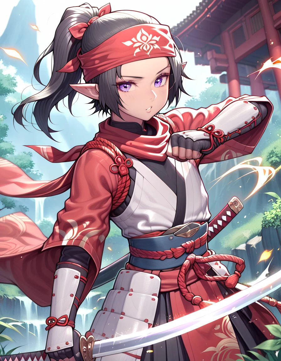 masterpiece, highest_quality, ultra_detailed, 1_boy_focus, boy is (japanese_young_boy, 15_years_old, elf_ears, asura, purple_eyes, (black_hair, high_short_ponytail, bandana):1.5, thin_body, flat_chest, five_fingers, samurai_costume, holding_a_samurai_sword_in_the_right_hand, samurai_armor, katana) on center, full_of_details, detailed_face, dynamic_angle, fighting_pose, dynamic_perspective