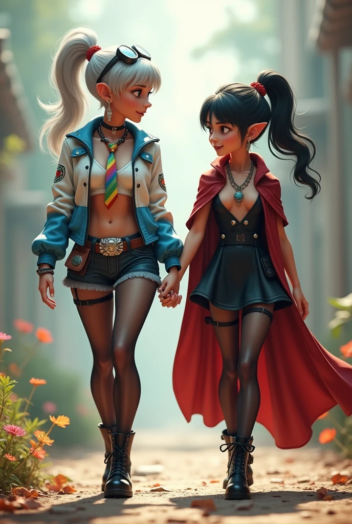 Super realistic illustration, Detailed Fantasy art, Cinema 4D rendering. 2 cute ladies, full body, They are waiking toward the camera, chatting with smile. (left lady is 172cm tall, purple eyes, ponytail silver hair, bangs, wearing white and blue long sleeve short flight jacket over white sleeveless collared crop top, rainbow tie, breasts, earrings, rainbow reflection goggles on head, midriff, low rise shorts, high cut shorts, groin groove, waist belt with shining blue stone buckle, thighs, translucent black pantyhose, lace-up military short boots). (right lady is shorter tall, talking while making hand gestures, black hair, short ponytail with red ribbons, red eyes, beautiful eyes, pointy ears, vampire fang, black sundress with red cloak, high leather boots). sharp focus