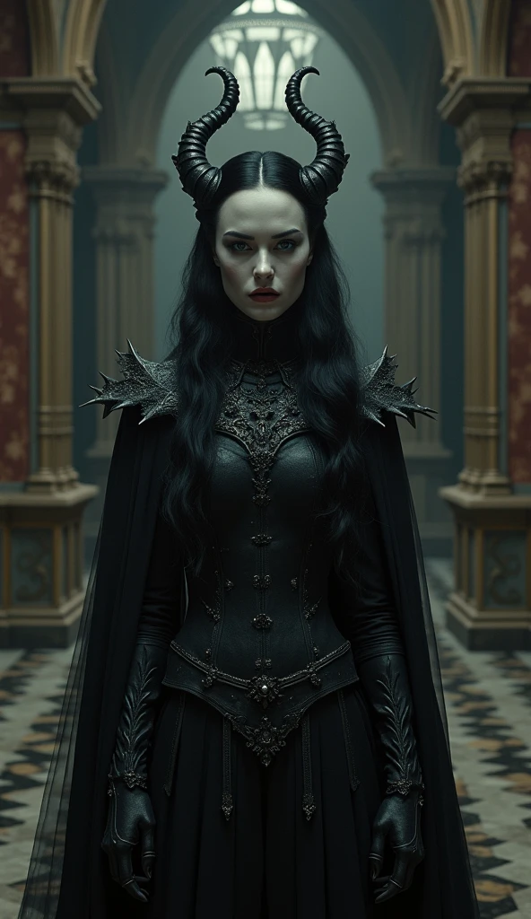 Gothic style benedikta_harman woman,Extremely high-resolution,smug,bene_outfit,castle, . Dark, mysterious, haunting, dramatic, ornate, detailed