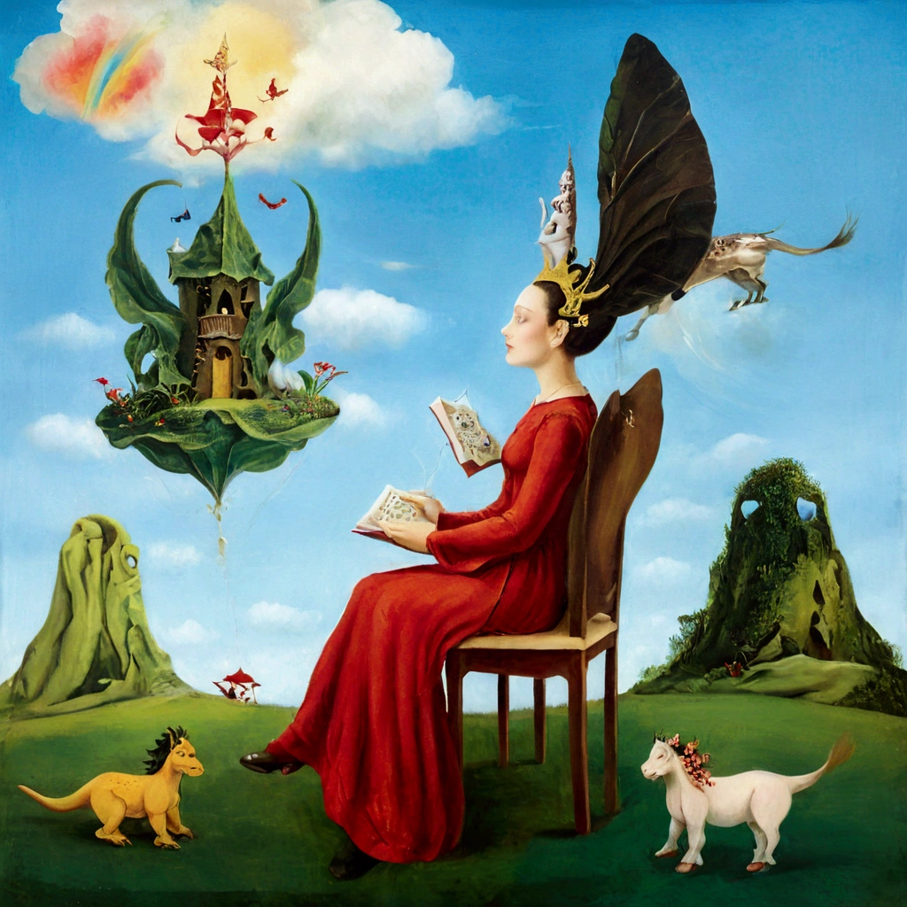 In the style of Mark Ryden, Hieronymus Bosch, Salvador Dali, Nicoletta Ceccoli, high contrast, extremely detailed, oil painting, award winning masterpiece, crisp quality, extremely detailed face. A woman sitting on a chair, on a piece of land floating in the sky, in the center of the image, reading a book. On other pieces of land , dragons, fairy castles, leaves like trees, female knights in armor, winged horses. The islet is an oasis of serenity, covered with bright green grass and colorful flowers, fluffy clouds
