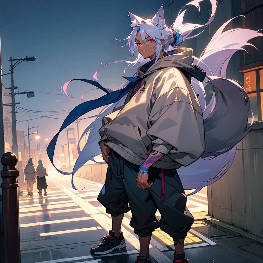 1male, young adult, dark skin, finely detailed plum eyes, messy top bun, wild long hair, grey hair color with blue highlights, designer hoodie, baggy pants, standing on street, night time, tokyo streets, excited expression, muscular, tattoos, holding soda In hand, wolf ears, wolf tail, backwards baseball cap