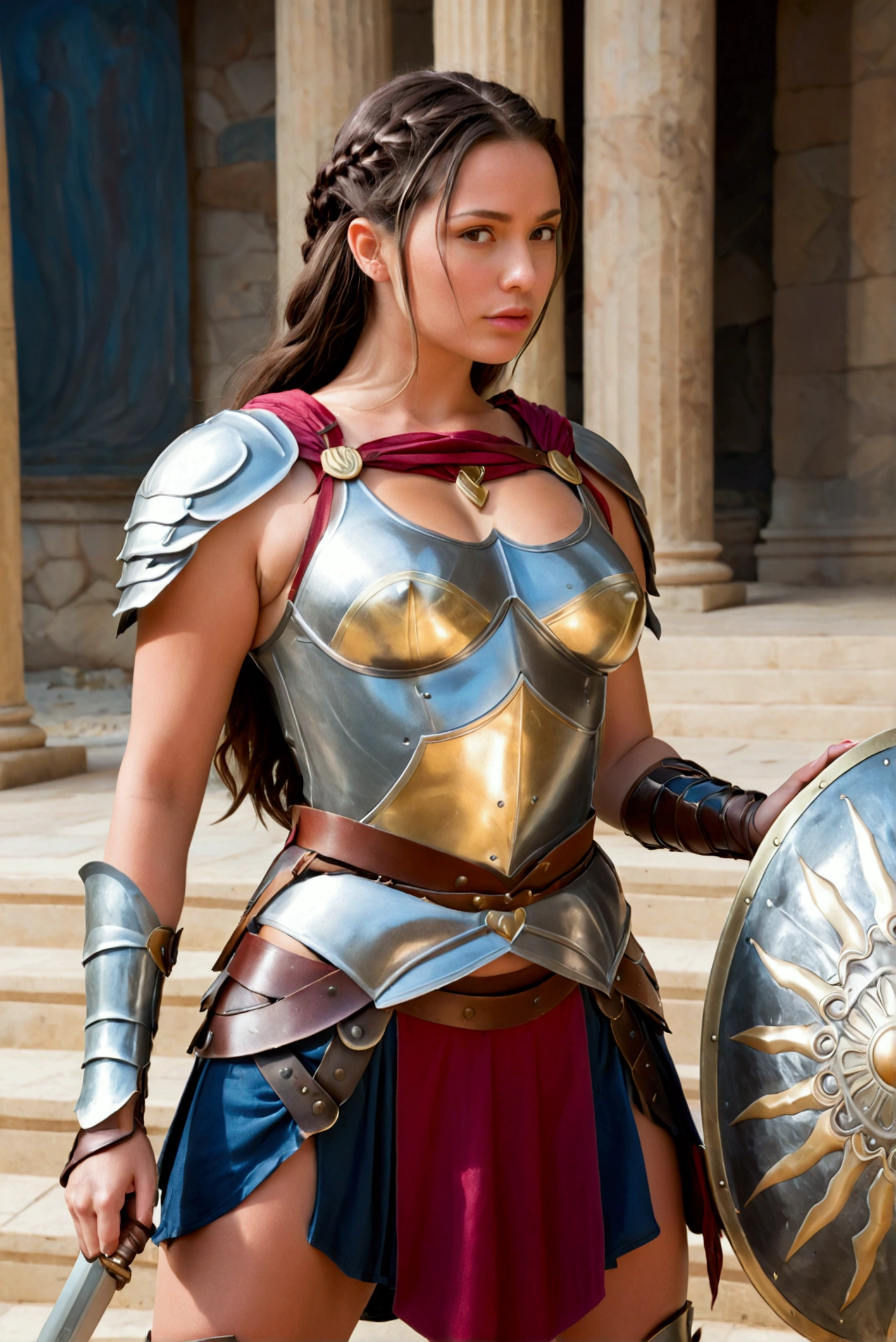  curvy Arafed woman in armor, holding a sword and shield, wearing shiny breastplate, Gal Gadot as the Lord of Hell,  women's armor , Beautiful armor , photogenic details on armor,  Elisha Cuthbert as a paladin ,  the movie is still gal gadot,  traditional Roman armor , Elisha Cuthbert as an RPG warrior, breastplate, Greek armor , girl in armor, the shield is wearing the hand ,  gladius sword in her right hand 