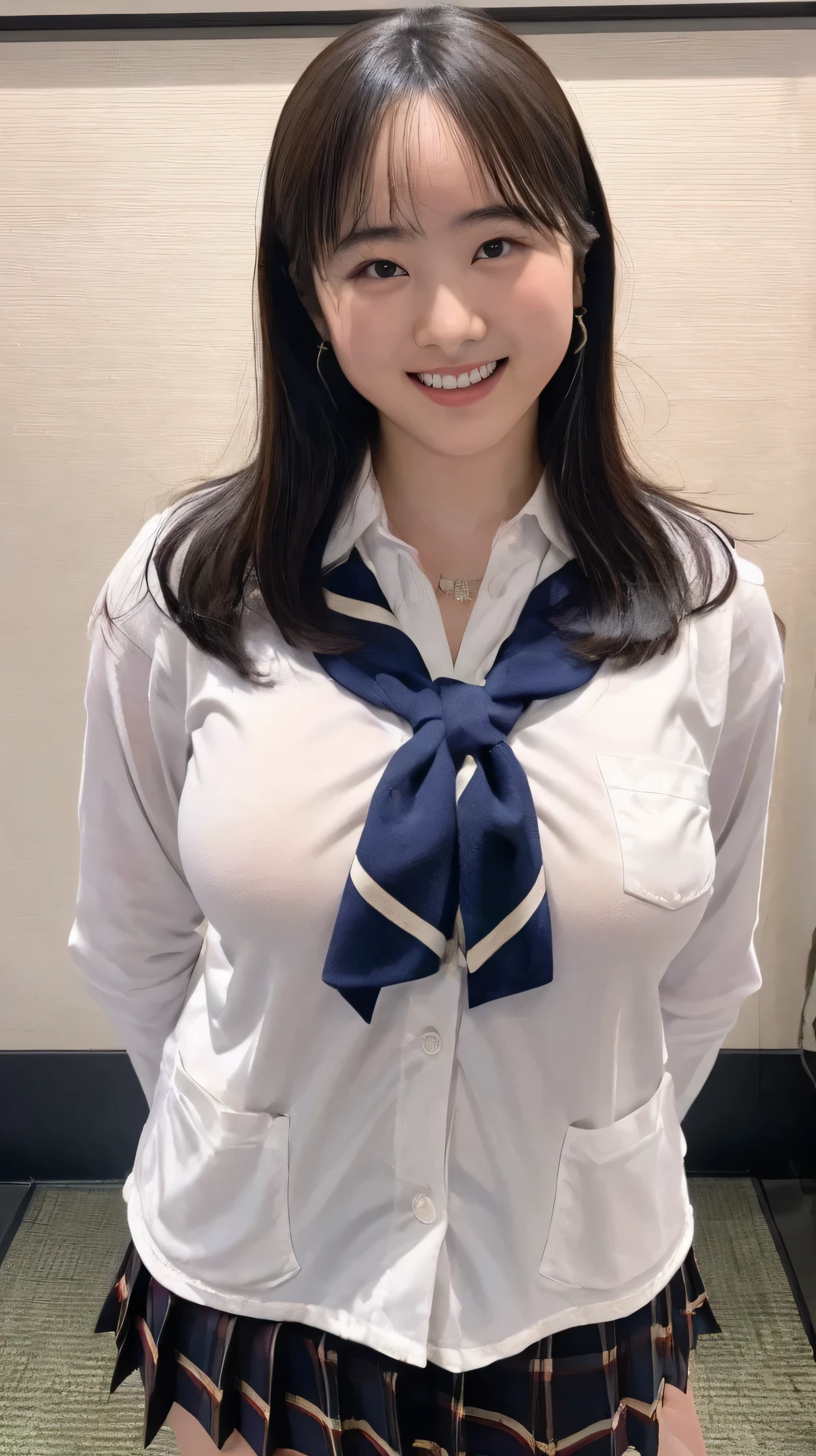 NSFW,Honda Miyu,(Best Quality:1.3),(:1.3),The biggest breasts in the world, My Heart Is Throbbing ,Spread your chest out to the side,Extra large chest:1.3,rich, upper body,smile,Japanese actress,Overflowing Chest, jewellery,Attract a man, clevis,(Honda Miu :1.5)，Schoolgirl uniform，