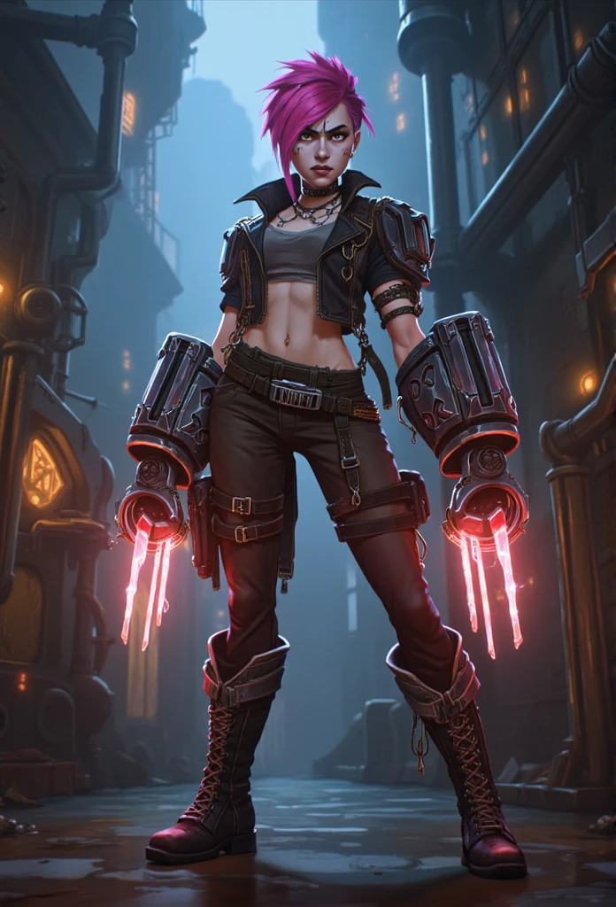 ((masterpiece)) ((photography)) ((Highest quality)) A dynamic, ultra-realistic character portrait of Vi from *Arcane* (*League of Legends*), set against a gritty, industrial background with glowing, steam-filled pipes and metallic gears, capturing the dark, edgy ambiance of Zaun. Vi has a powerful stance, her muscular arms equipped with her iconic oversized hextech gauntlets, sparking slightly with energy. She wears her signature punk-inspired outfit: a leather jacket with metal studs, heavy boots, and bandages on her knuckles, showing a fierce, determined expression on her scarred face. Her pink hair is styled in a messy undercut, adding a rebellious touch. The atmosphere is intense, with dim lighting casting dramatic shadows, capturing her tough, no-nonsense attitude in a steampunk-inspired world.