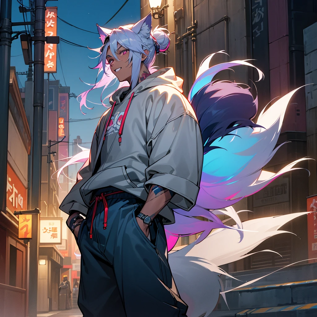 1male,  adult, dark skin, finely detailed plum eyes, messy top bun, wild long hair, grey hair color with blue highlights, designer hoodie, baggy pants, standing on street, night time, tokyo streets, excited expression, muscular, tattoos, holding soda In hand, wolf ears, wolf tail, backwards baseball cap