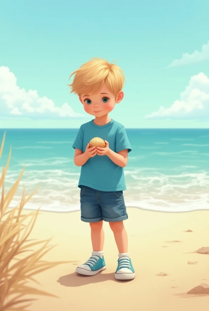 Boy sitting on the beach looking at the sea Making of Poster Illustration, flat illustration, Colouring, altamente saturado, luz de contorno, quente e brilhante, Colouring, HD 8K, colored light particles, heterochromatic, male child, parte superior do corpo, rosto claro, on seashore, blue skies, nuvens brancas