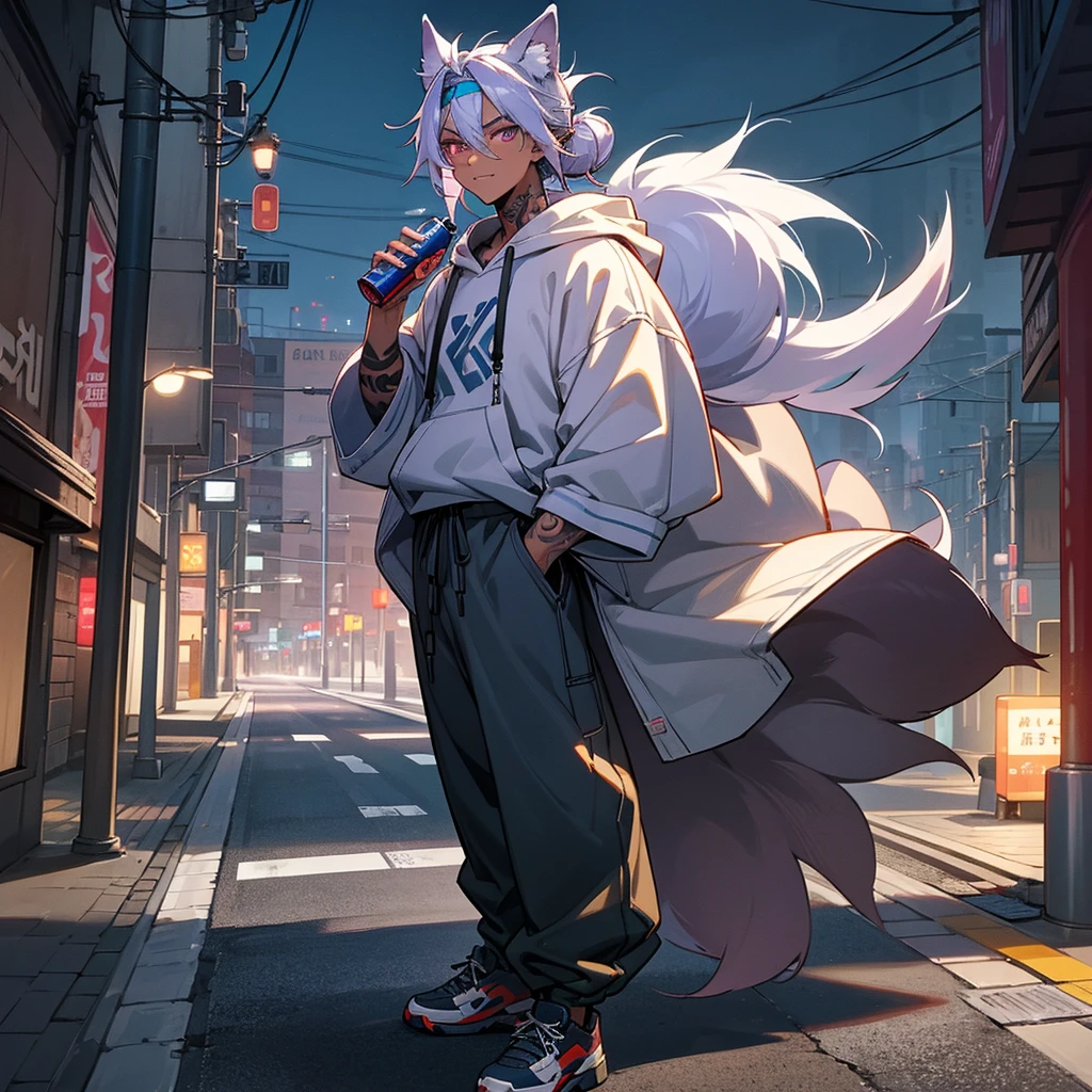 1male, young adult, dark skin, finely detailed plum eyes, messy top bun, wild long hair, grey hair color with blue highlights, designer hoodie, baggy pants, standing on street, night time, tokyo streets, excited expression, muscular, tattoos, holding soda In hand, wolf ears, wolf tail, baseball cap