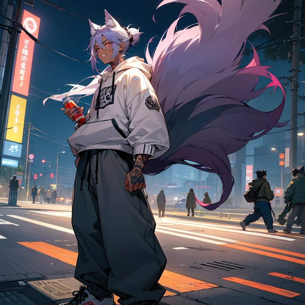 1male,  adult, dark skin, finely detailed plum eyes, messy top bun, wild long hair, grey hair color with blue highlights, designer hoodie, baggy pants, standing on street, night time, tokyo streets, excited expression, muscular, tattoos, holding soda In hand, wolf ears, wolf tail, backwards baseball cap