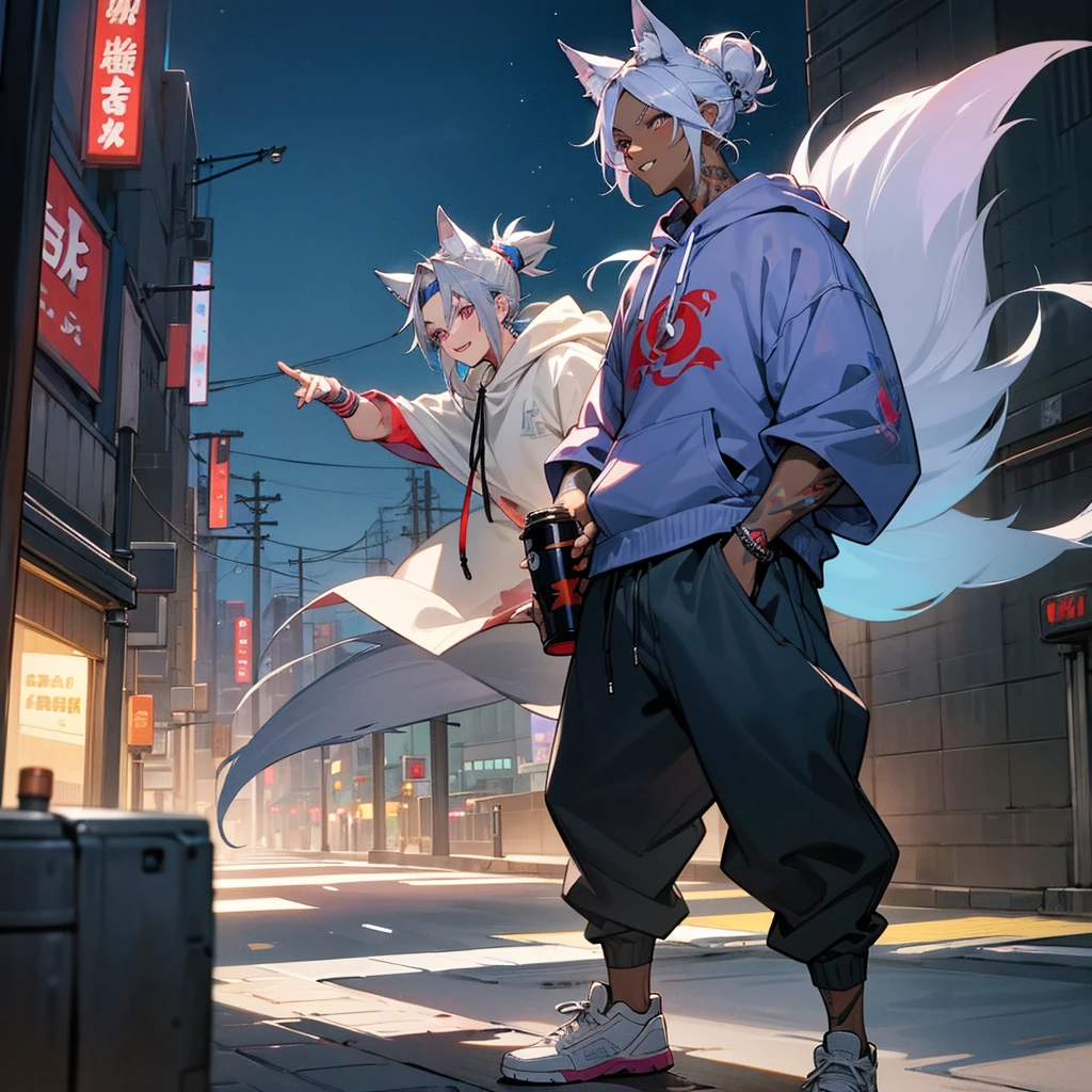 1male, young adult, dark skin, finely detailed plum eyes, messy top bun, wild long hair, grey hair color with blue highlights, designer hoodie, baggy pants, standing on street, night time, tokyo streets, excited expression, muscular, tattoos, holding soda In hand, wolf ears, wolf tail, baseball cap