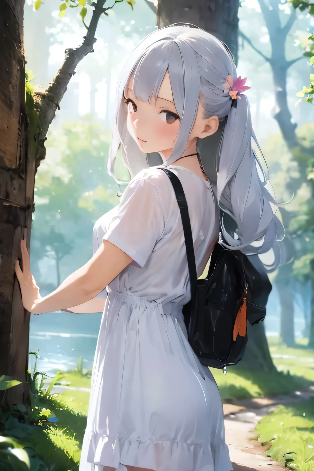 masterpiece, best quality, ultra-detailed, 1girl, white hair, long hair, white dress, wet clothes, low angle, water spray, leaf, flowers, (forest:1.1), (droplets:1.1), grass, hair flower, wind