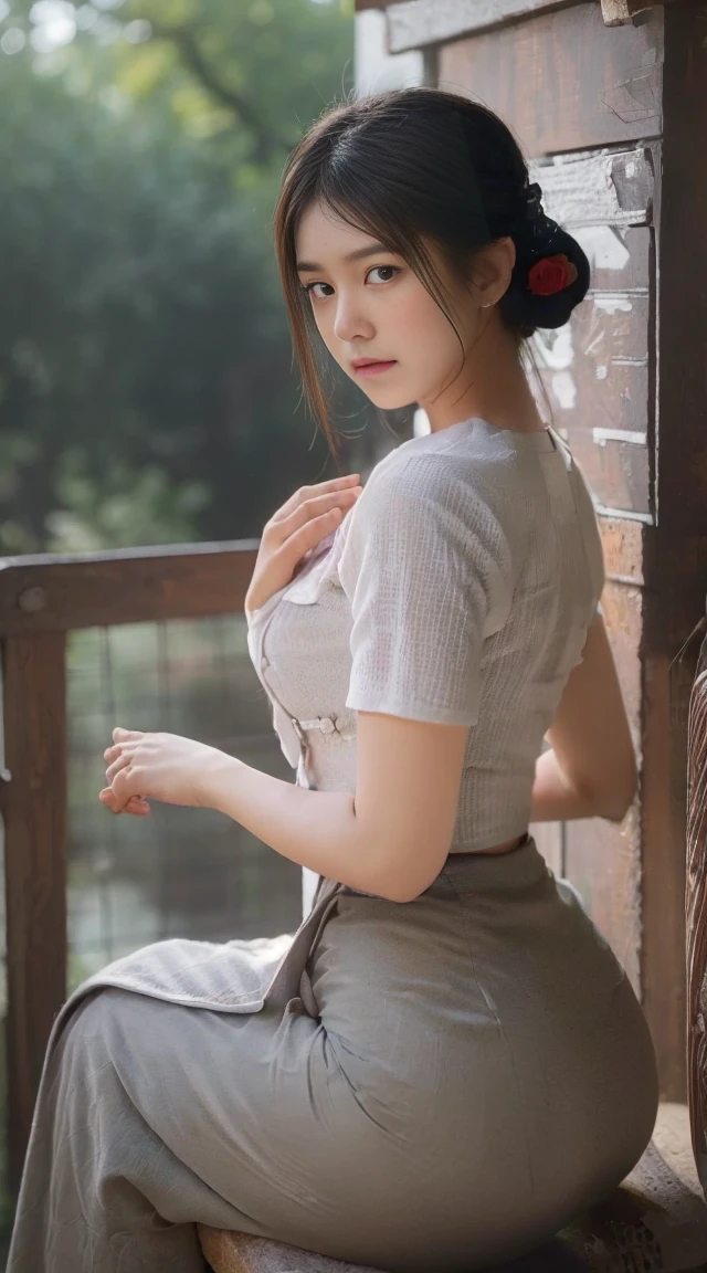 photorealistic, high resolution, masterpiece, best quality ,ultra-detailed, 1women, (medium breast), hair bun , jesmine flower on the head, mature female, solo, hips up, (wearing acmmsayarma outfit, acmmsayarma white top with buttons, long sleeves), ((acmmsayarma green long skirt)).