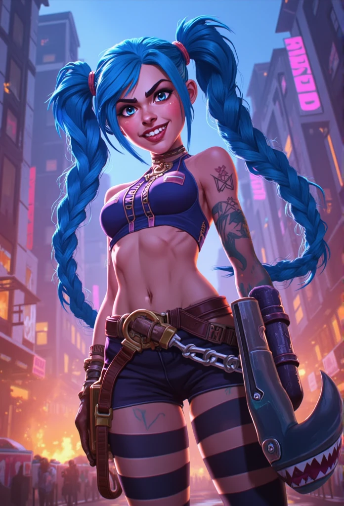 ((masterpiece)) ((photography)) ((Highest quality)) A vivid, ultra-realistic illustration of Jinx from *Arcane* (*League of Legends*), set against a chaotic background filled with explosions, graffiti, and neon lights, representing the unruly streets of Zaun. Jinx stands with a mischievous grin, her piercing blue eyes wide with excitement. She has long, vibrant blue pigtails flowing around her, adding to her wild, unhinged look. Dressed in her iconic crop top and striped stockings, she clutches her ((customized shark-shaped rocket launcher)), “Fishbones,” ready for action. Small details like her tattoos and explosives around her waist enhance her edgy, anarchic style. The neon colors, combined with flashes of explosions, create a chaotic, rebellious vibe, perfectly capturing Jinx's unpredictable, chaotic energy.