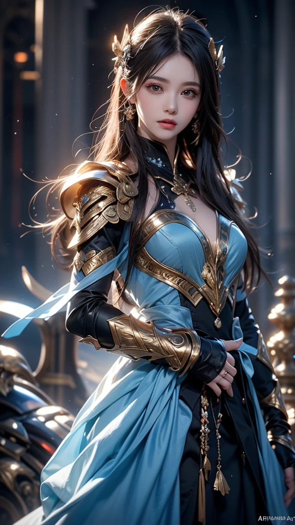  close-up of a woman in a silver and blue dress, Cheng Wei-Van from art station , Jan J,  Detailed Fantasy Art ,  Amazing Character Art ,  fanart best art  station ,  amazing exquisite character art , Beautiful Armor, Highly detailed art journal,  Detailed Digital Anime Art, Art germ Art Station Pixibu , Girl in Armor