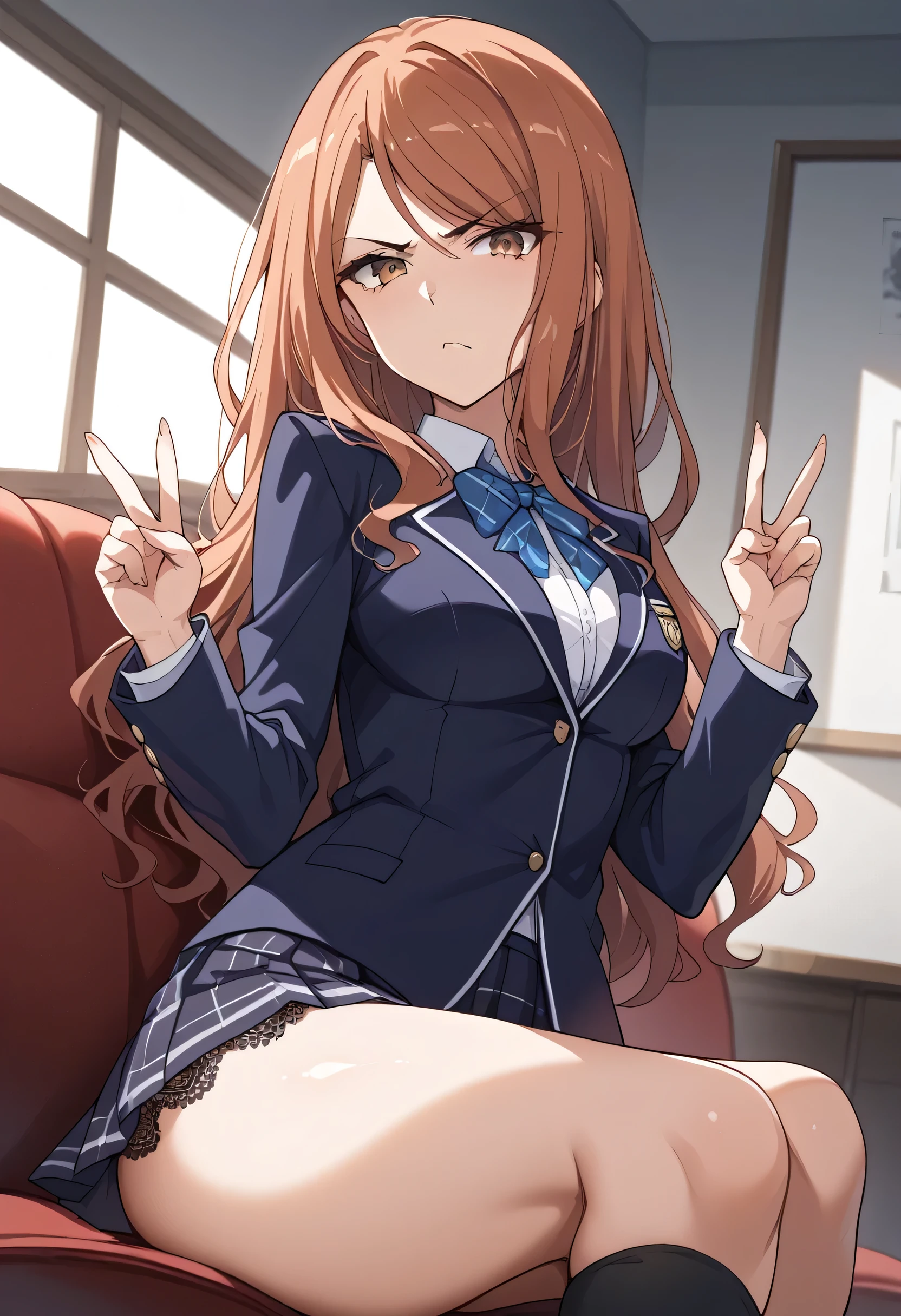 Shizuri Mugino　 standing with legs spread out 、 with arms crossed、 spreading her legs (whole body)、NSFW(( girl straddling men：1.5))、((Female genital pain：1.5))、(( Sperm coming out of the female genitals：1.2)、Sex、 dissatisfied high-definition face 、Double Peace　Troubled face glaring　 stares at you　Expressionless　Disgusting face in underwear 　 lace underwear　 pleated skirt、 black knee socks 、Absolute territory、Check pattern、Check patternスカート、blazer