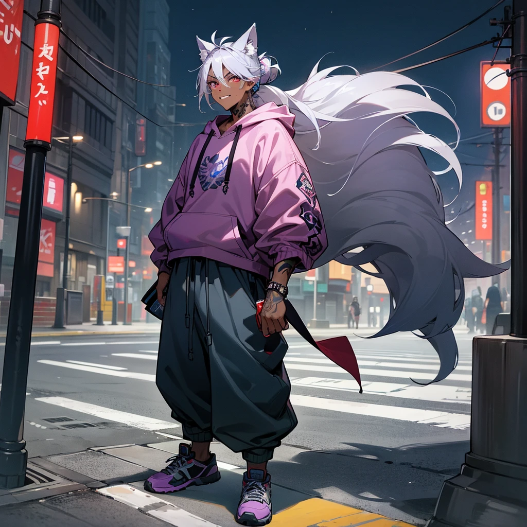 1male, young adult, dark skin, finely detailed plum eyes, messy top bun, wild long hair, grey hair color with blue highlights, designer hoodie, baggy pants, standing on street, night time, tokyo streets, excited expression, muscular, tattoos, holding soda In hand, wolf ears, wolf tail, backwards baseball cap