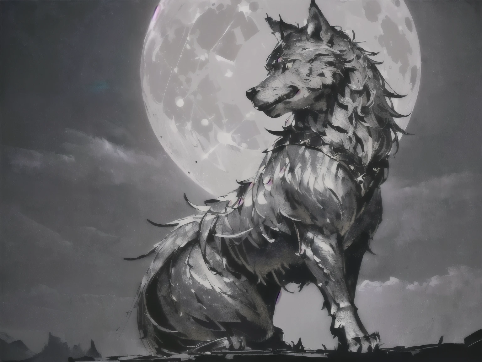 (((best quality, 4k, 8k, highres, masterpiece:1.2, ultra-detailed, realistic, photorealistic, photo-realistic:1.37, dramatic lighting, moody, high contrast, cinematic, intricate details))),(((the silver wolf,behind full moon at midnight)))