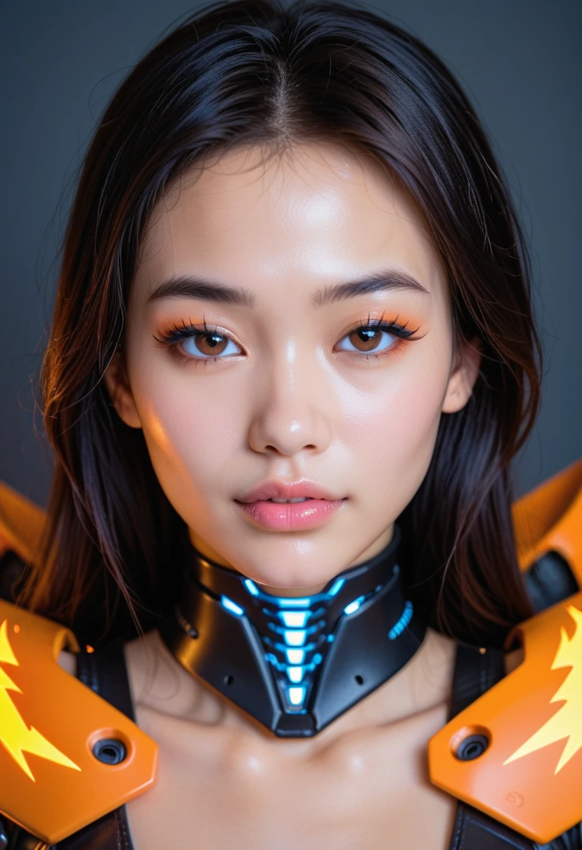 hawaiian asian south pacific vietnamese thai girl winged eye liner score_9, score_8_up, score_7_up cyborg  girl with mechanical parts, closeup,  sparks, raw photo, 8k, realistic,  brown eyes looking at viewer
