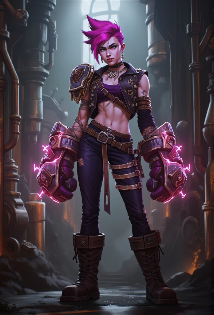 ((masterpiece)) ((photography)) ((Highest quality)) A dynamic, ultra-realistic character portrait of Vi from *Arcane* (*League of Legends*), set against a gritty, industrial background with glowing, steam-filled pipes and metallic gears, capturing the dark, edgy ambiance of Zaun. Vi has a powerful stance, her muscular arms equipped with her iconic oversized hextech gauntlets, sparking slightly with energy. She wears her signature punk-inspired outfit: a leather jacket with metal studs, heavy boots, and bandages on her knuckles, showing a fierce, determined expression on her scarred face. Her pink hair is styled in a messy undercut, adding a rebellious touch. The atmosphere is intense, with dim lighting casting dramatic shadows, capturing her tough, no-nonsense attitude in a steampunk-inspired world.