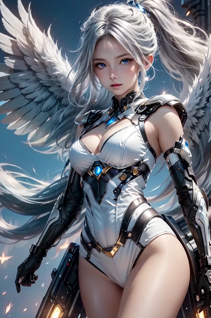 masterpiece, (highest quality: 1.2), (super fine: 1.2), figure, (very delicate and beautiful: 1.2), film angle, floating, (beautiful detail eyes: 1.1), (detail light: 1.1), film light, delicate sky, fantasy, sci-fi battlefield, 1girl, white hair, hair ornament, Deep Blue Eyes, medium breasts, shiny skin, mechanical wing, float in the sky, fly in the sky, cloud, Light particles.