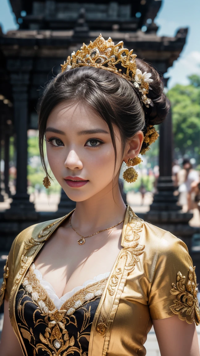 1female, a woman in the era of the Majapahit kingdom, is having a traditional Javanese wedding with gold and black ornaments, wearing a typical Javanese bun, with a charming and charming gaze, smiling, oriental female, with the Prambanan temple in the background, ancient Javanese era, cinematic photography, detailed, hyperrealism, great detail, 8k cinematic, high resolution, symmetrically, cinematic, color grading, photography, shot on 50mm lens, ultra-wide angle, depth of field, hyperdetailed, beautifully color-coded, insane detail, intricate detail, beautiful color grading, incredibly detailed and intricate, hyper maximal, elegant, hyperrealistic, super detailed, posing dynamic, photography, ultra-realistic, Full - HD, high detailed definition, Hyper detailed, 8k