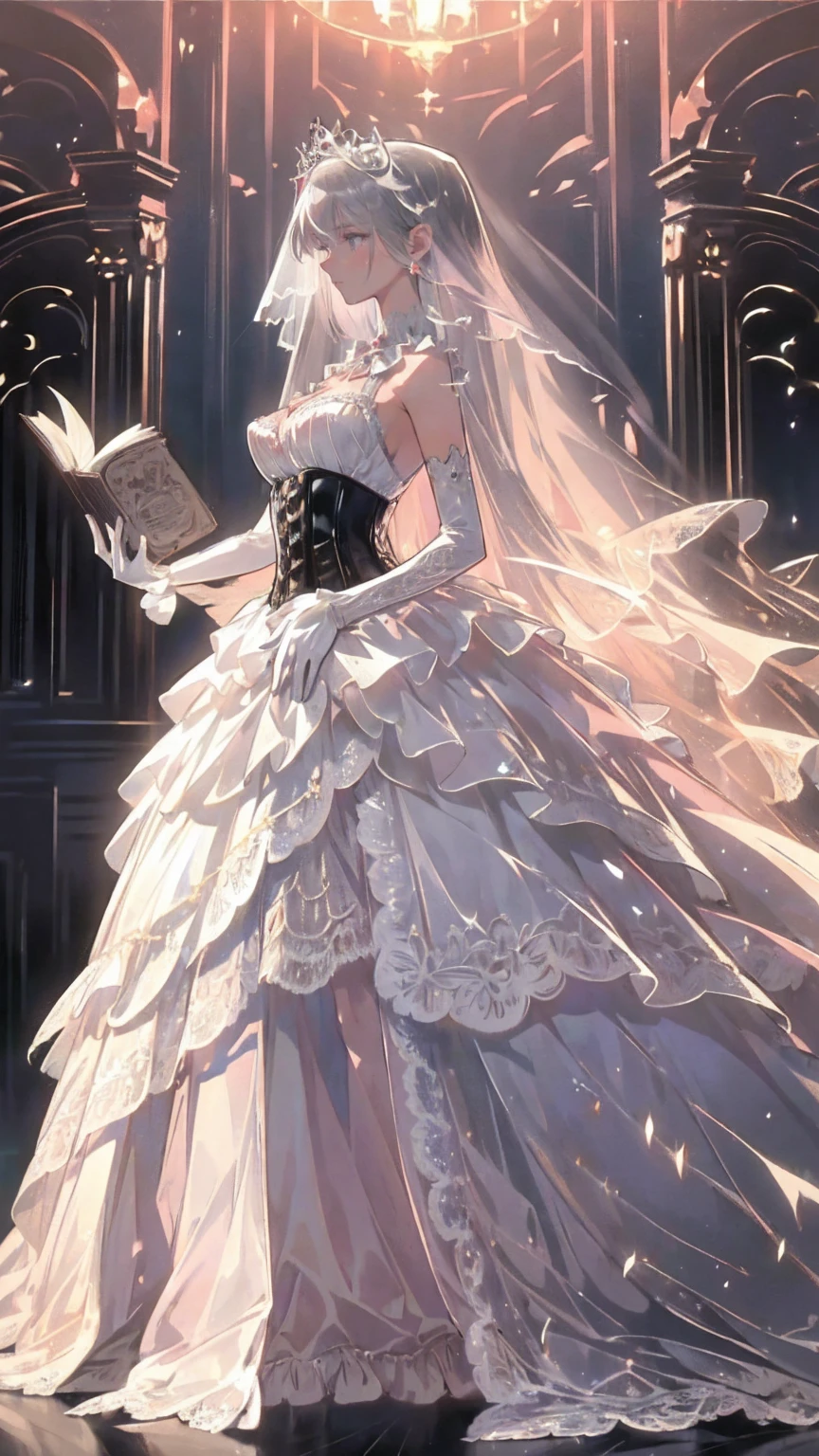  full dress shot , Shot from above, (Front shot:1.5), whole bodyイラスト, (((full body, depicts whole body, full body  PORTRAIT, whole body))),  PORTRAIT,  1 girl, Alone, かわいいPose, Pose, beautiful gorgeous  charming cute adorable princess,  watching viewers , cute blush , ( blanking in books:1.5), Intense blush, (Pink Eyes:1.5) ,(((hyper detail delicate beautiful eyes , Big Eyes,  Clear Eyes ,  extremely detailed))), (Soft thin lines:1.2, beautiful, 優雅でbeautiful顔, Young Face, smile), (( straight hair massive ,  very voluminous very long hair ,  very long straight hair )), (Gray Hair:1.5), (  very gorgeous full hair ornament  ,   very gorgeous full jewelry tiara  ), ( long bridal veil :1.2), ( face veil:1.5), Ruffled collar,  Luxury Jewellery ,   skindentation  , Pale skin, slim, ( extremely huge big chest :1.5), Bust Clevidge,  bust, ((( extremely detailed hands, Delicate hands, beautiful hands, 5-Fingers))),  turn your arms around your back:1.5, ( frill long gloves :1.5) ( pure white gown dress :1.5), ((( pure white lace and frills ,   Dress with ribbon and flower motifs  ,   voluminous full length Gorgeous princess ball gown with details with hoop skirt ,   gorgeous princess with long train long rococo ball gown  , gorgeous princess long rococo ballgown with beautiful embroidery and jeweled,  gorgeous gown ))), ( long train gown :1.2) , ( fluffy gown :1.2), (Floor-length dress :1.5), ( gown trailing  :1.2), (Long sleeve gown:1), ( leather with white lace Corset :1.5), masterpiece, (Full HD:1.5), ( high resolution on down:1.5), ( absurd:1.5), ( high quality:1.5), ( high resolution on down:1.5), (Best Images:1.5), ( ultra quality:1.5),  high resolution on down, 16k, 32K, ( super resolution:1.5), (Super detailed:1.5), ( Very Detailed:1.5), Fantasy scene, Dreamy fantasy,  fantasy palace background , ( is standing:1.2), (Shine, god rays, Shine, Mysterious, Dreamy, sky, otherworldly, Dreamy, breathtaking,  charming, Sacred), ( faces with a depth of writing ),  sharp concentration, Vivid lighting