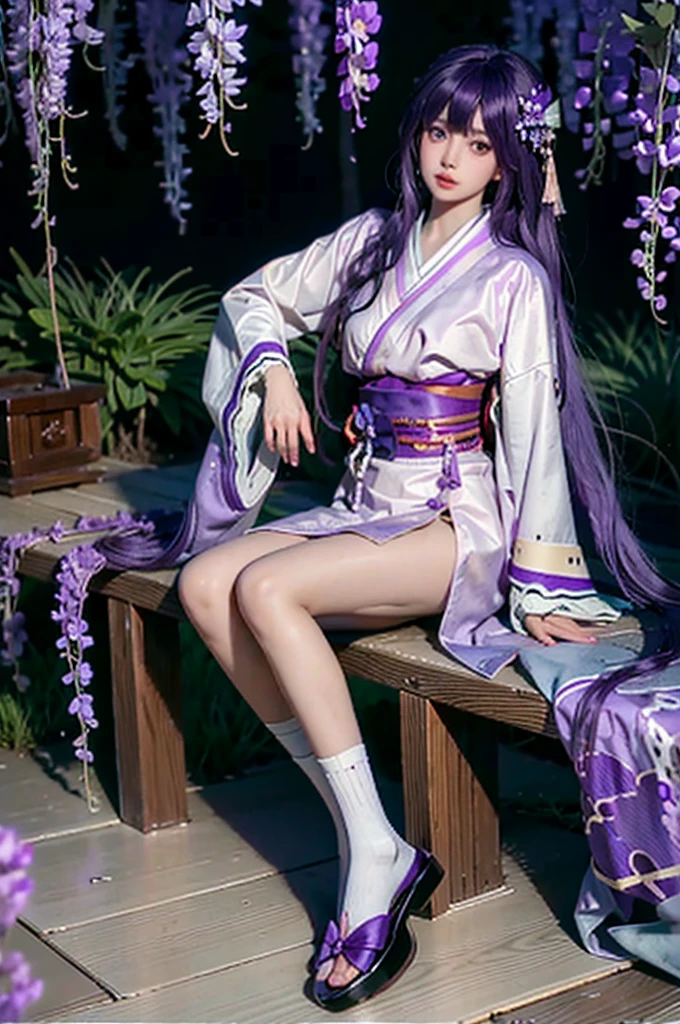 (MP-E, macro, 65mm, f/2.8), ultra realistic,32k,RAW photo,(high detailed skin:1.2), 8k uhd, high quality,1girl, solo,see-through,full body,sitting,Raiden_Ei, (purple hair:1.3),bangs,japanese clothes,solo,light purple kimono,tabi,hair ornament,long hair,logs,long hair,white socks,bare leg,sash,wide sleeves,wisteria, wisteria flower,  