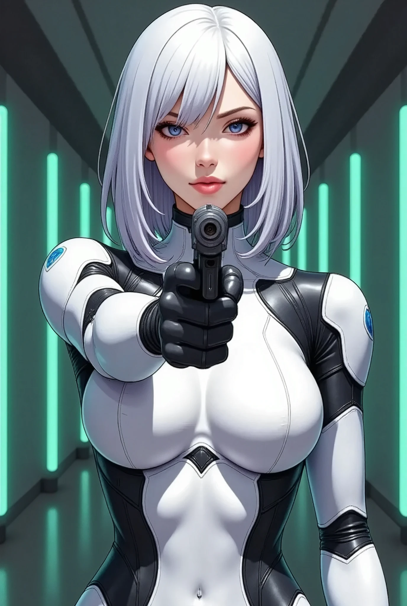 (masterpiece, best illustration,Super detailed),( android woman),(front:2.0),( cowboy shot :2.0),( beautiful face),( beautiful eyes),( looking over here:2.0),(Serious:2.0),(Hold up a black submachine gun and aim for the camera:2.0),(Point the gun at the camera:2.0),(stand:2.0),(The background is a tunnel drawn by stretching green hologram lines in cyber space:2.0),( detailed hands:2.0),(Beautiful female hands:2.0)