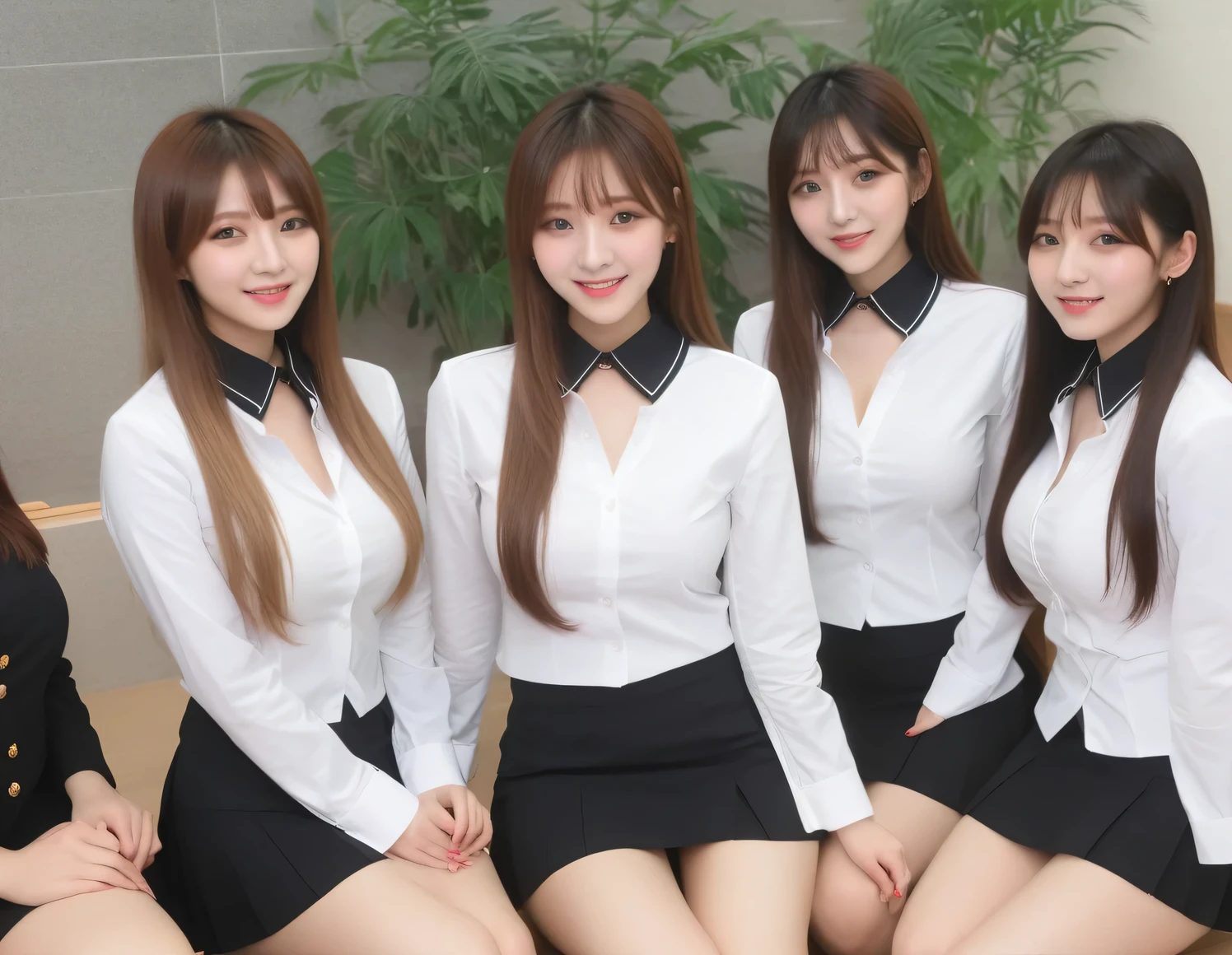 score_9, score_8, score_8up, score_7, Best Quality、masterpiece, group、((white tight collar shirt , blazers、 Miniskirt, uniform)), big breasts at the temple, ((layered haircut)), slender body sitting in a rock bath, Slim face(8k,Best Quality),Shooting from a medium distance,lecture hall, Adorable, smile, Long Brown Hair, black choker 、 Almond Eye、bangs、 firing from a medium distance, , ((Big Breasts))、Students listening to a lecture、Happy expression、 natural makeup、 they are sitting side by side taking class