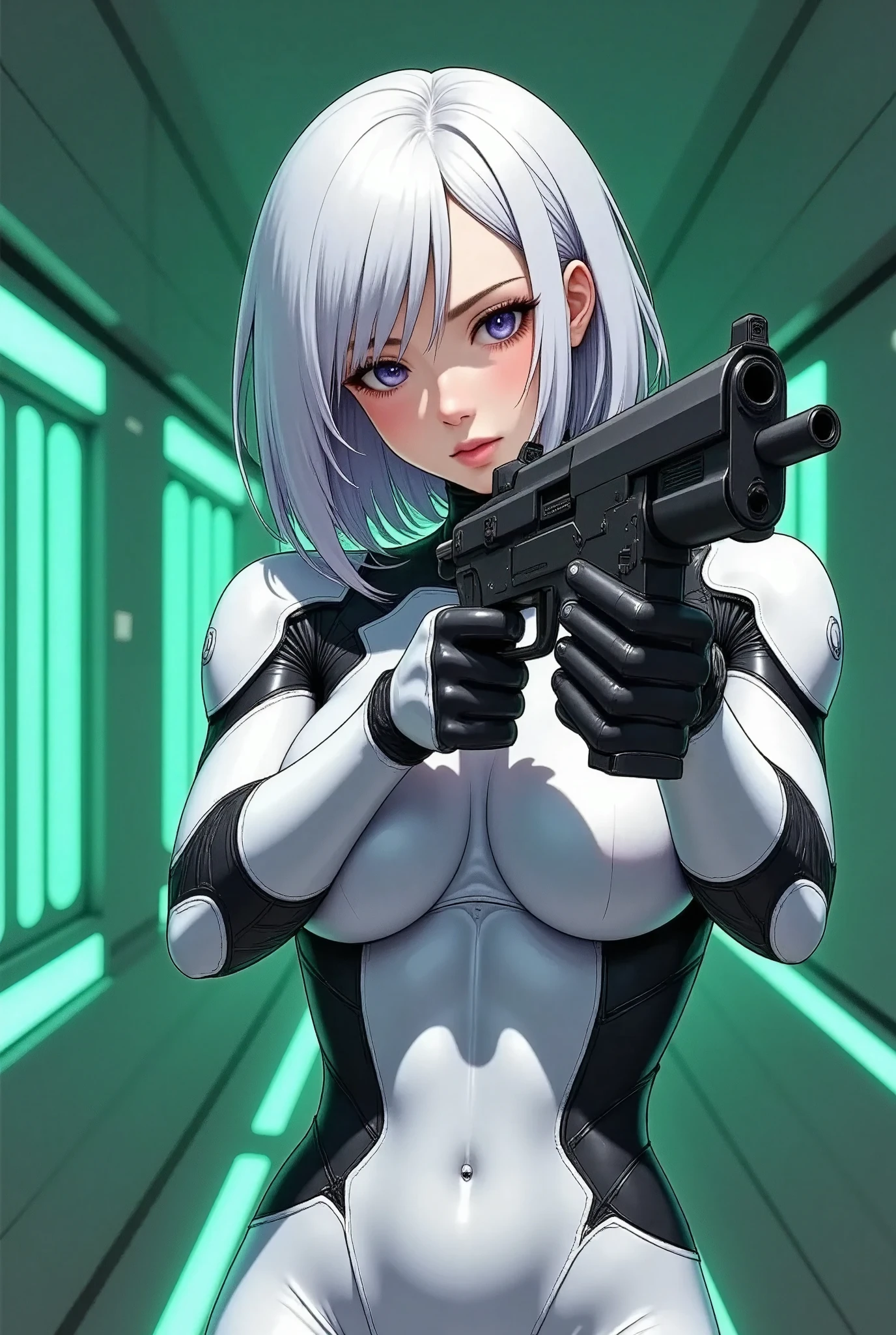 (masterpiece, best illustration,Super detailed),( android woman),(front:2.0),( cowboy shot :2.0),( beautiful face),( beautiful eyes),( looking over here:2.0),(Serious:2.0),(Hold up a black submachine gun and aim for the camera:2.0),(Point the gun at the camera:2.0),(stand:2.0),(The background is a tunnel drawn by stretching green hologram lines in cyber space:2.0),( detailed hands:2.0),(Beautiful female hands:2.0)