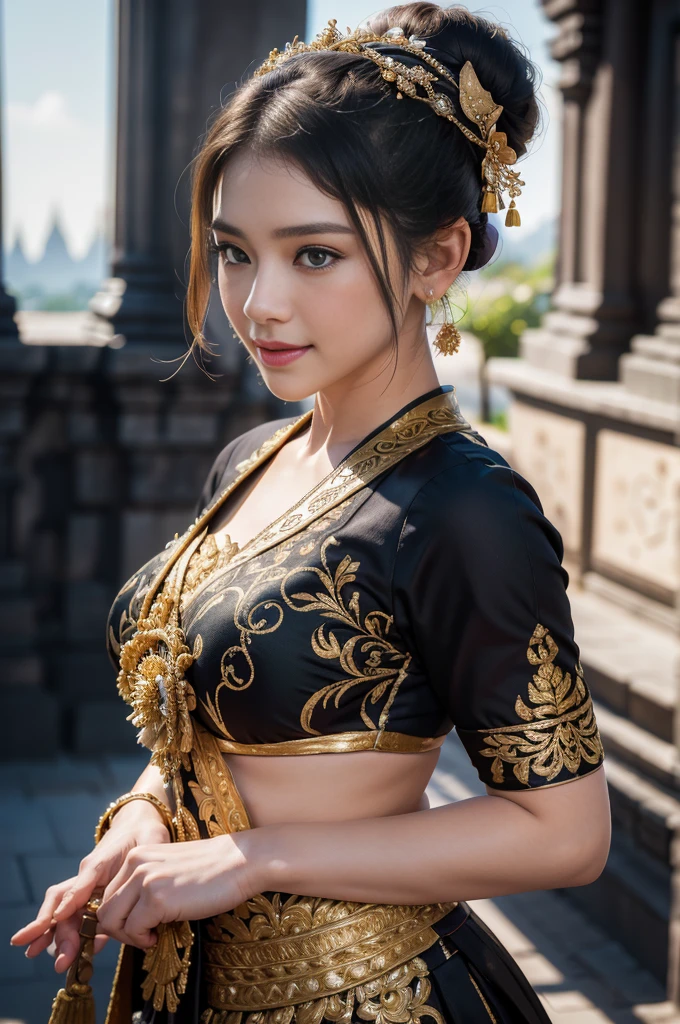 1female, a woman in the era of the Majapahit kingdom, is having a traditional Javanese wedding with gold and black ornaments, wearing a typical Javanese bun, with a charming and charming gaze, smiling, oriental female, with the Prambanan temple in the background, ancient Javanese era, cinematic photography, detailed, hyperrealism, great detail, 8k cinematic, high resolution, symmetrically, cinematic, color grading, photography, shot on 50mm lens, ultra-wide angle, depth of field, hyperdetailed, beautifully color-coded, insane detail, intricate detail, beautiful color grading, incredibly detailed and intricate, hyper maximal, elegant, hyperrealistic, super detailed, posing dynamic, photography, ultra-realistic, Full - HD, high detailed definition, Hyper detailed, 8k