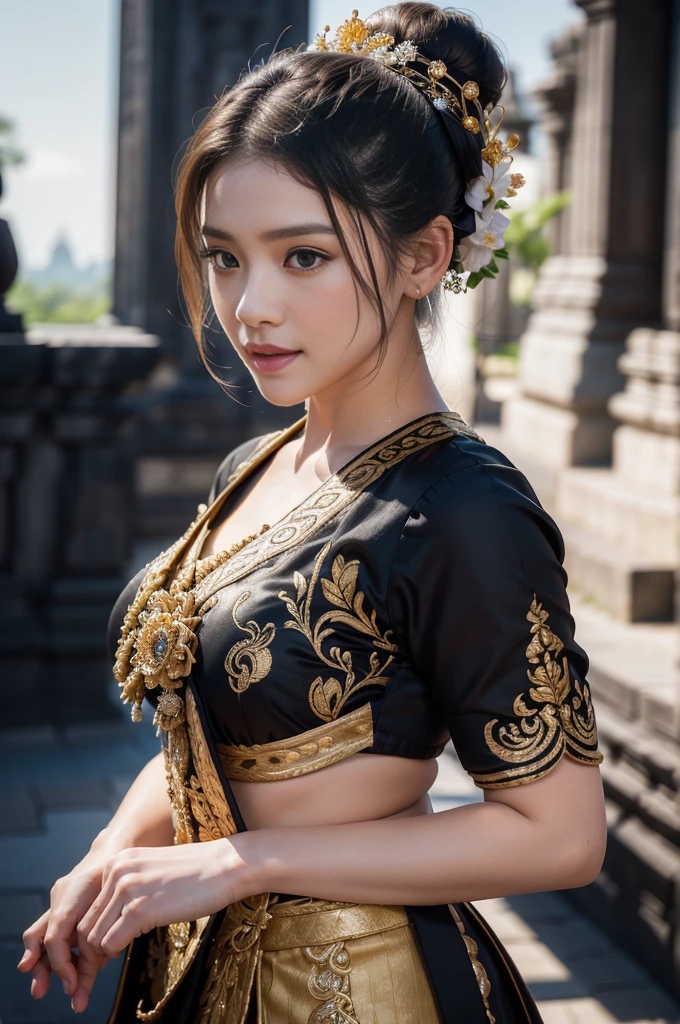 1female, a woman in the era of the Majapahit kingdom, is having a traditional Javanese wedding with gold and black ornaments, wearing a typical Javanese bun, with a charming and charming gaze, smiling, oriental female, with the Prambanan temple in the background, ancient Javanese era, cinematic photography, detailed, hyperrealism, great detail, 8k cinematic, high resolution, symmetrically, cinematic, color grading, photography, shot on 50mm lens, ultra-wide angle, depth of field, hyperdetailed, beautifully color-coded, insane detail, intricate detail, beautiful color grading, incredibly detailed and intricate, hyper maximal, elegant, hyperrealistic, super detailed, posing dynamic, photography, ultra-realistic, Full - HD, high detailed definition, Hyper detailed, 8k