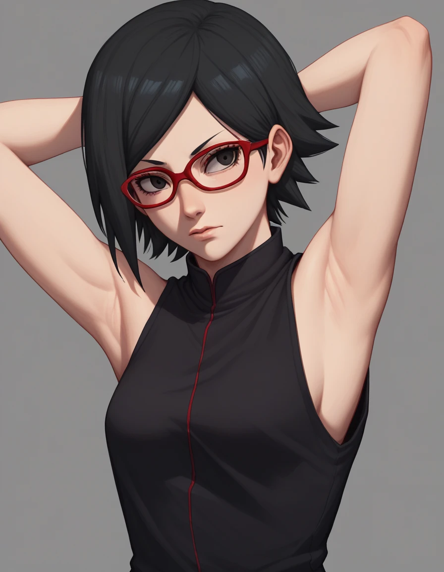 sarada uchiha, short hair, black hair, black eyes, red-framed eyewear, glasses, swept bangs,,(Armpit:1.3)，(スチーム，スチームimg:1.1)， 赤いドレス,halcon,