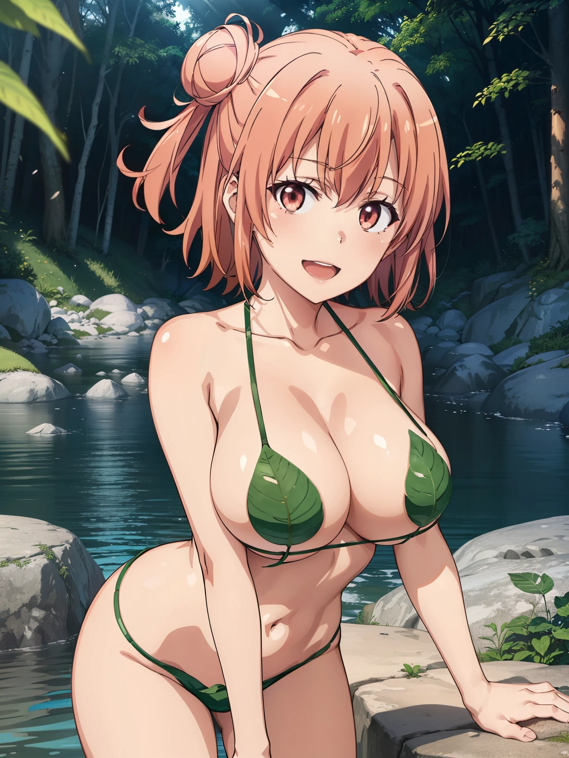 ((Best Quality,  high resolution on down,   Perfect Pixel ,  4K)),  ( Beautiful Anime Girl ),  The Depth of Written Boundaries、
 I feel the audience , 
 perfect body , 

yuigahama yui,  single hair bun, 

(Big Breasts:1.3)、

leaf bikini, 
uninhabited island、forest、river、rock、
sunlight、

smile、 open your mouth 、