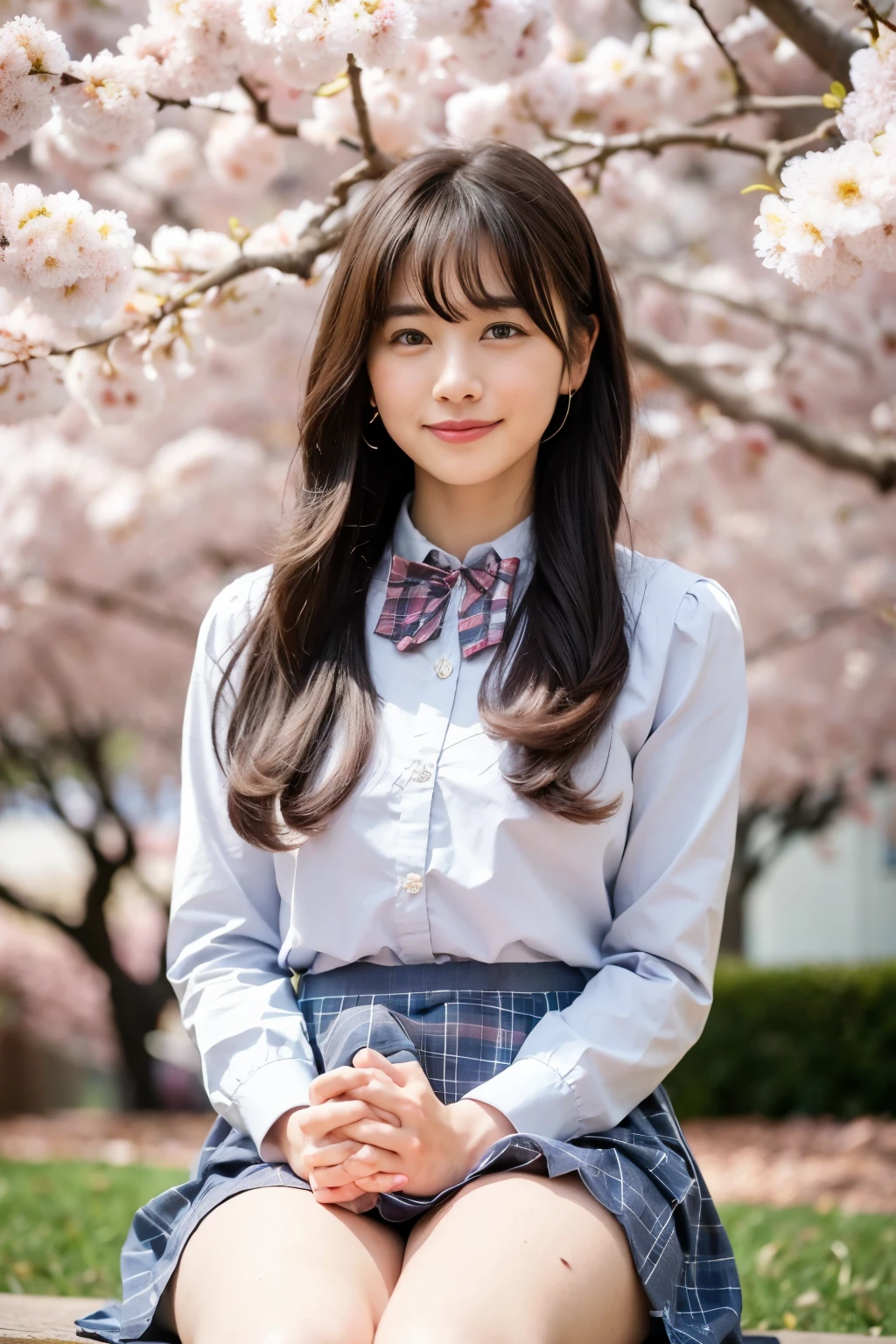  jumping on a windy row of cherry blossom trees, Flare Gray Plaid Skirt Fluttering、White Long Sleeve Sailor Dress , white panties,Bow tie, white high socks ,18 years old,bangs, Little Smiles ,Thighs,Knee,Valletta, hair fluttering like the wind,From below,Front light, (Erection under clothes),