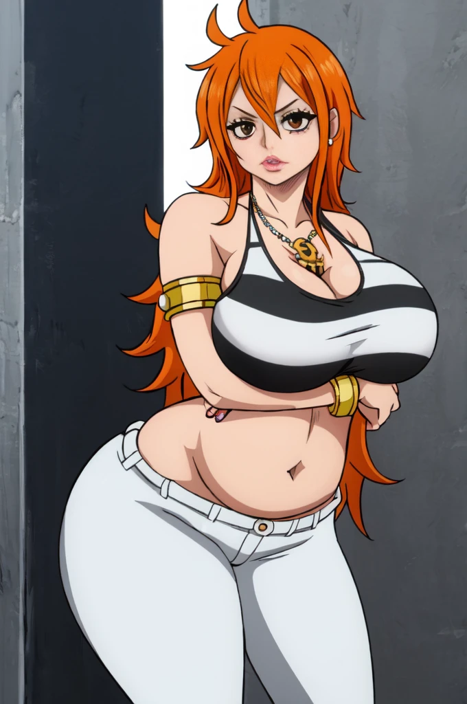 Nami,Stud earring,Alot of earpiercing,Make up,medium lenght Messy wavy hair,black white strip prison tank top,lowrise black white strip prison pants,Curvy figure,Orange hair,((Eyeshadow)),Long nail,Hoopa bracelet,Pearl necklace,Big breast,Busty and sultry,1girl,Solo,Gold armlet,Colorless lip,Half eyes expression,Brown eyes,Chocker,Wide hips,belly pierce,pirate tatto,Golden rings