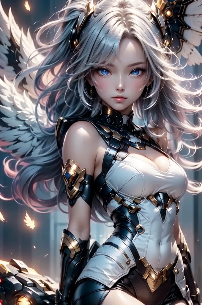 2.8D illustration, masterpiece, (highest quality: 1.2), (super fine: 1.2), figure, (very delicate and beautiful: 1.2), film angle, floating, (beautiful detail eyes: 1.1), (detail light: 1.1), film light, delicate sky, fantasy, sci-fi battlefield, 1girl, white hair, hair ornament, Deep Blue Eyes, medium breasts, shiny skin, mechanical wing, float in the sky, fly in the sky, cloud, Light particles.
