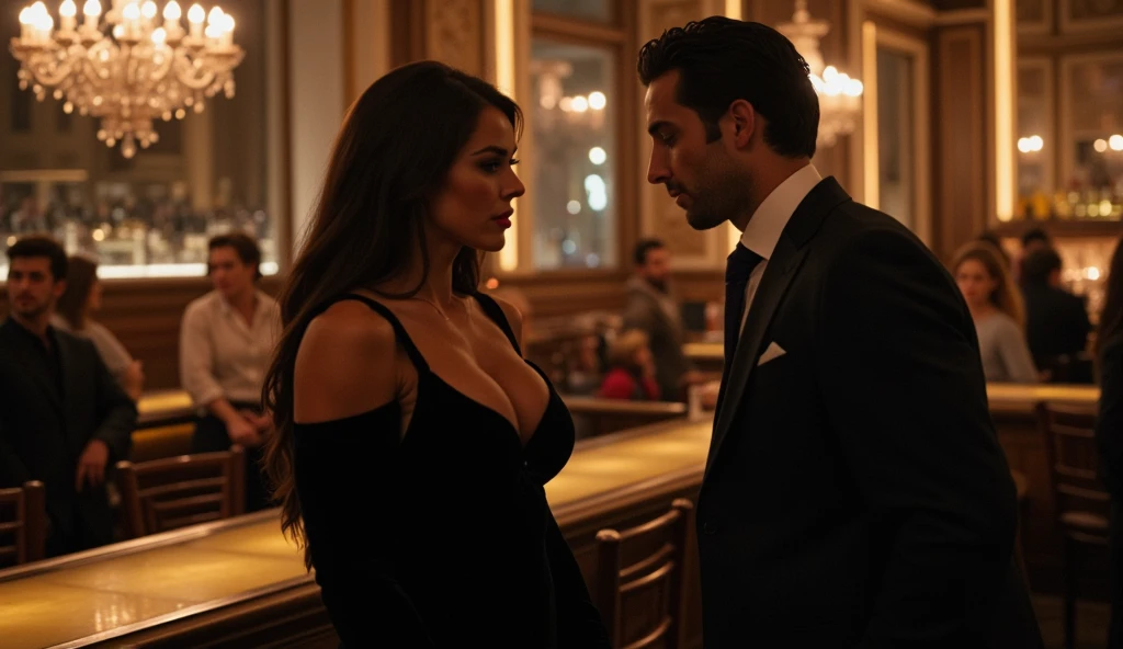 Women curvy hourglass body,in royal party, wearing bardot dress, muscular man wearing black suit 